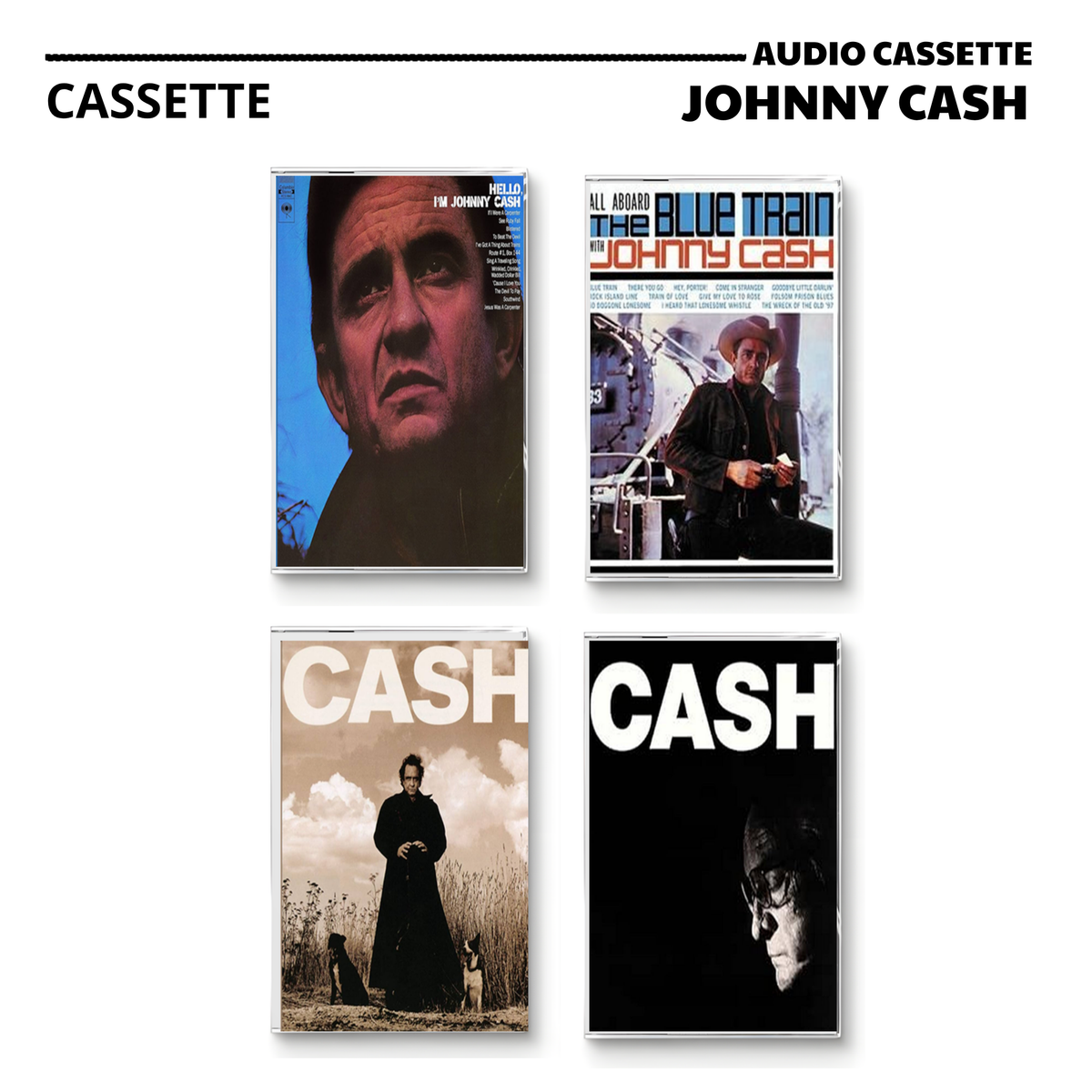 Johnny Cash Vintage Cassette | Hello, I'm Johnny Cash, All Aboard the Blue Train, American Recordings & American IV: The Man Comes Around